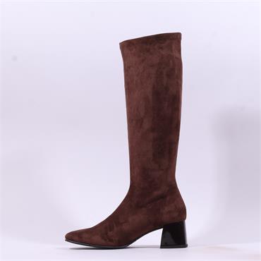 Miss Elastic Fax Block Pull On Long Boot - Brown Suede